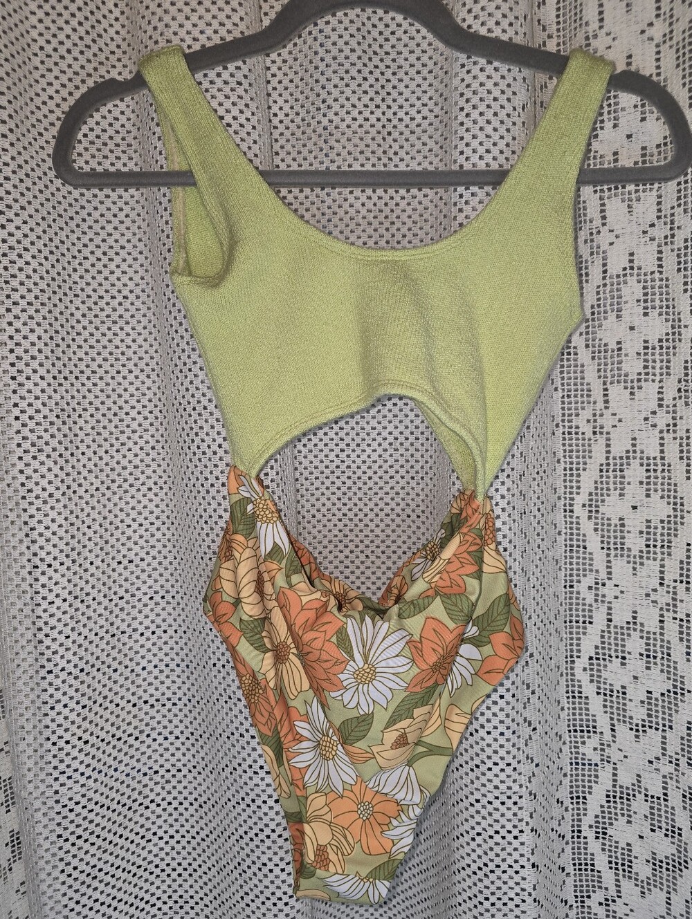 Tacoola Mai Mai One Piece Swimsuit, Floral Botton, Solid Green Top, Womens M/L